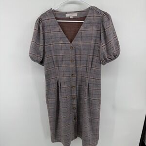 LOFT Plaid Button Front V-Neck Puff Sleeve Shift Dress Brown Houndstooth 10